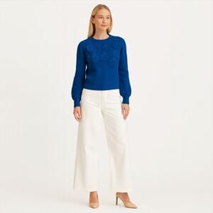 NWT Dark‎ Blue Chunky Floral embroidered Crew Neck Sweater size PM